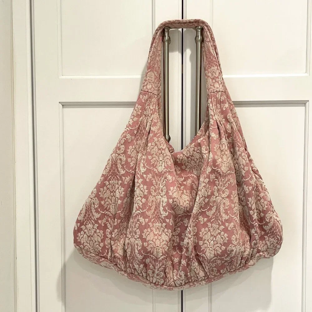 House Purse Day Bag Travel Bag Clay Pink White Damask Large Hobo Bag - Picture 3 of 14